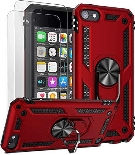 ULAK iPod Touch 7 Hülle, iPod Touch 5/6 [Militärqualität] Dual Layer Schutzhülle mit Standfunktion und 2 Displayschutz, TPU Stoßfest Case Cover für Apple iPod Touch 5./6./7. Generation - Rot