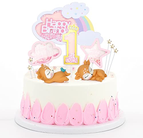 Ohaoduo 1st Kuchen Dekoration Happy Birthday Tortendeko 1. Geburtstag Kuchen Topper Kuchendekoration Kuchendeko Cake Topper Rosa Sterne Kitz Wolken für Mädchen Junge Kindergeburtstag Baby