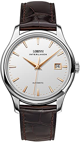 Lobinni Herren-Armbanduhr, Edelstahl, automatische mechanische Uhr, Datum, analog, lässig, modisch, Armbanduhr für Herren