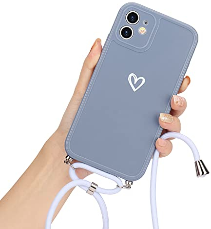 Lafunda Handykette für iPhone 12 Hülle mit Band - Grau | abnehmbare Handyhülle mit Kordel zum Umhängen,Silikon Schutzhülle mit Herzmuster für iPhone 12