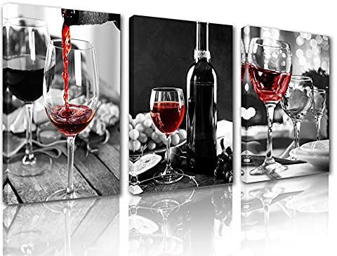 Dining Room Wine Pictures Black and White Paintings 3 Pieces Canvas Red Wine Cups Kitchen Wall Art Modern Artwork Home Decor Giclee Framed Stretched Ready to Hang(42x20 inches)