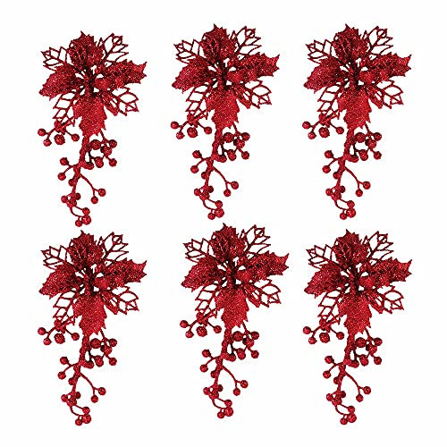 Skystuff Poinsettia Artificial Flowers, 6Pcs Christmas Tree Flower Decorations Red Poinsettia Christmas Decorations with Clips for Christmas Tree Wreath Garland (Red)