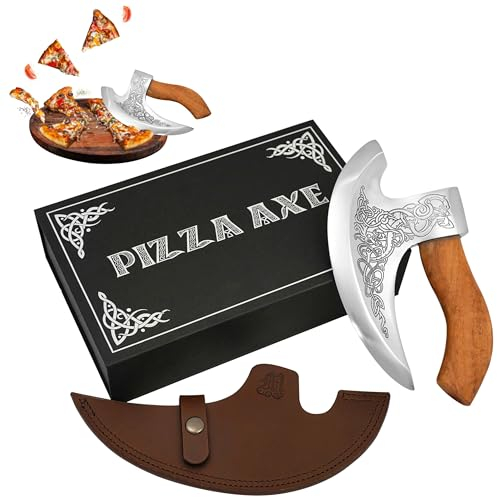 Mythrojan Pizza Axe Cutter, Viking Embossed Pizza Cutter Premium Stainless Steel Slicer Cutter with Solid Wooden Handle, Leather Scabbard and Wooden Gift Box for Easy Slicing Chopping Pizza