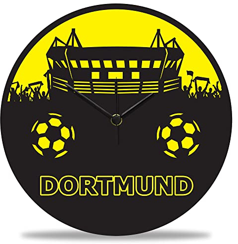 GRAVURZEILE Wanduhr aus Holz Vereinsliebe Dortmund - 100% Lautlos kein Ticken absolut geräuschlos - 30 cm Ø - Design Wanduhren für Wohnzimmer Schlafzimmer & Küche Farbe Dortmund V3