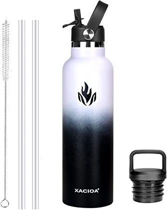 XACIOA Water Bottle Stainless Steel with Straw -for Hot/Cold Drinks 500/750/1000ml Vacuum Insulated Flask Leak Proof Drink Sport,BPA Free - with 2 Replacement Lid and Straw Brush