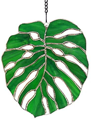 Tuitessine Monstera Sonnenfänger aus Buntglas, Blatt, exotischer Dschungel, tropische Dekoration, Fenster, Wandbehang, Sommer, Heimdekoration, grüne Naturdekoration, Pflanzenliebhaber, 19.1x16.5 cm