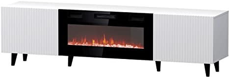 Mirjan24 TV Lowboard Fusbo 180 mit Elektrischem Kamin, Fernsehschrank, Fernsehtisch, Unterschrank, Realistische LED-Flamme, Kristallherd, Board, Schrank, TV-Bank (Weiß)