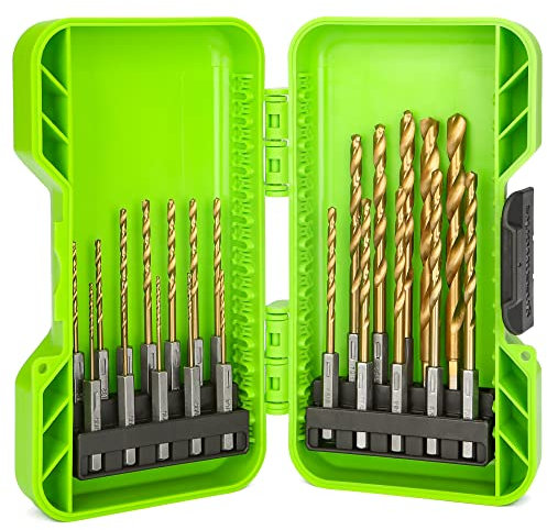 Greenworks 22-teiliges 1/4-Zoll-Bohrer-Set mit Sechskantschaft, vollständig geschliffene HSS-Konstruktion, Titanbeschichtung, hart, scharf, langlebig, 135°-Spaltspitze, geformtes Kunststoffgehäuse