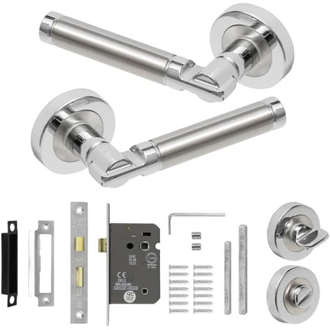 Decoranddecor Enigma Duo Colour Round Door Handles – Aluminium Silver Handles with Bathroom Lock and Turn Release – Modern Design for Interior Doors
