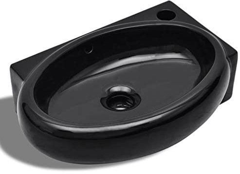 Eck-Waschbecken Keramik Hängewaschbecken Handwaschbecken, Wandwaschbecken Aufsatzwaschbecken mit Überlaufschutz und Wasserhahnloch, Schwarz 41 x 28 cm