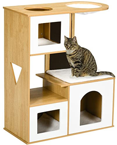 PawHut Árbol Rascador para Gatos Altura 92,5 cm Torre para Gatos con 3 Casetas de Madera Cojines Lavables Tabla de Rascador y Hamaca 76x37x92,5 cm Roble