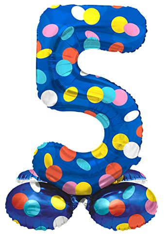 Folat 64785 Luftballon Geburtstag Stehender Ziffer Zahl 5 Colorful Dots Blau mit farbigen Punkten 41 cm - Decoration Geburtstagdeko, Ballon Zahl, Kein Helium erforderlich
