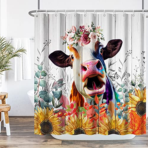 Ttincceer 180x200cm Mucca Fiore Doccia Tenda Mucca Divertente Mucca Altopiano con Fiore Colorato Bagno Tenda Vintage Legno Fienile Fattoria Animale Doccia Tende Lavabile Vasca da Bagno Tenda