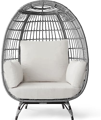 Best Choice Products Wicker Egg Chair, Oversized Indoor Outdoor Lounger for Patio, Backyard, Living Room w/ 4 Cushions, Steel Frame, 440lb Capacity - Gray/White Sand