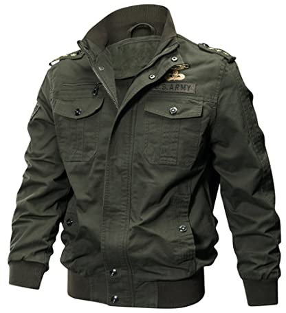 Alloaone Men's Military Tactical Jackets Zipper Army Pilot Pilot Bomber Jacket Stand Collar Cargo Outerwear Green L