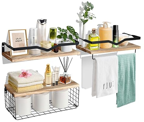 Alyoen Wandregal Holz, Rustikale Aufbewahrungsregale 3er Set, Wandregal Badezimmer mit Drahtkorb & Abnehmbar Handtuchhalter, Schweberegal Holz für Badezimmer,Schlafzimmer,Wohnzimmer,Küche,Waschküche