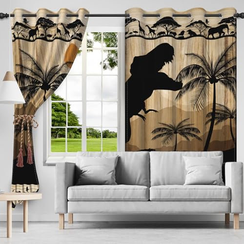 SDOTPMT 107x215cm Safari Dinosaurier Fenster Vorhang Jurassic Tier Fenster Vorhänge Antike Dschungel Wildlife Urwald Fenster Behandlung für Kinder Schlafzimmer Dekor Verdunkelung Vorhänge,2 Platten