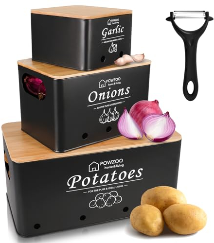 POWZOO Tarros de Patatas,Tarro de Cebolla,Tarro de ajo Con Pelador juego de 4,almacenamiento de metal Botes con Tapa y Orificios de Ventilación,mantiene las verduras frescas durante más tiempo (Negro)