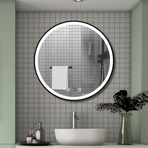 Aica Sanitär Badspiegel mit Uhr Rund 80cm Warm/Neutral/Kaltweiß dimmbar Memory Wand/Touchschalter Anti-Beschlag Runder Spiegel