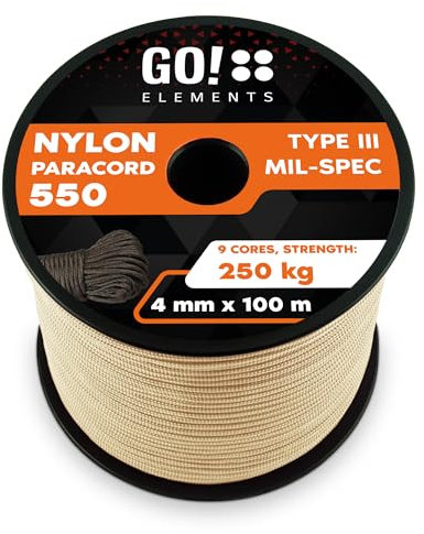 GO!elements 100m Paracord da Corda Nylon - 4mm Paracord 550 Originale Typ III - Adatto Come Corda Militare & Corda per Altalena | Max. 250kg, Colore: Sabbia