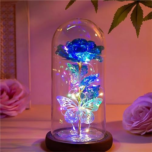 Galaxy Rose Birthday Gifts for Her Women Mother Girlfriend Wife, Forever Light Up Rose Flowers and 2 Butterflies in Glass Dome, Artificial Preserved Rose for Mother's Day, Anniversary, Wedding