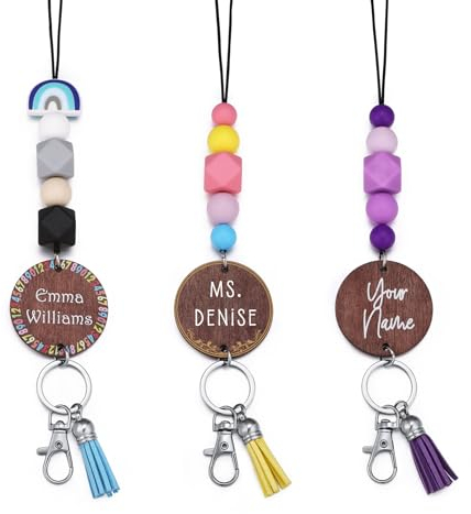 MeMeDIY Personalisiertes Lehrer-Schlüsselband für Ausweise und Schlüssel Buntes Schlüsselband aus Silikonperlen mit graviertem Namensschild aus Holz Personalisierte süße Geschenke für Lehrer Stil 05