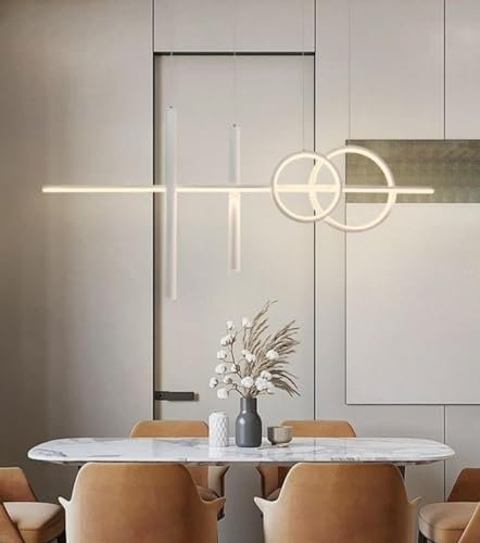 Dopastore Lampadario a Sospensione LED 48W Design Geometrico Cerchi e Cilindri con Base Lineare Lampada Moderna IP20 da Interni Bianca (Luce calda 3000K)