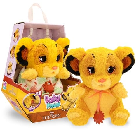 BABY PAWS Simba, Peluche Interactivo, con Sonidos Que Abre y Cierra los Ojos e Incluye una Bolsa para Llevarlo Contigo, Juguete Regalo para Niños y Niñas de 3 Años o Más