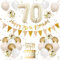 70th Birthday Decorations - Sand, White, Gold; Balloons, Banner, Cake Toppers, Number 70