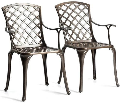COSTWAY Garden Chairs Set of 2, All Weather Cast Aluminum Dining Chairs with Armrests, Backrests & Adjustable Foot Pads, Patio Bistro Armchair Set for Backyard Porch Poolside