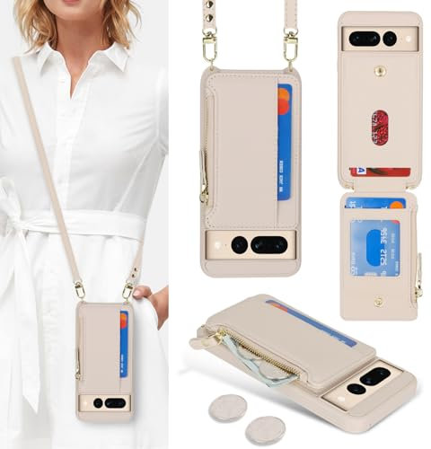SailorTech Handyhülle für Google Pixel 7 Pro Mit Kartenfach, Verstellbarer Halskette, Reißverschluss Und Geldbörse - Aprikose