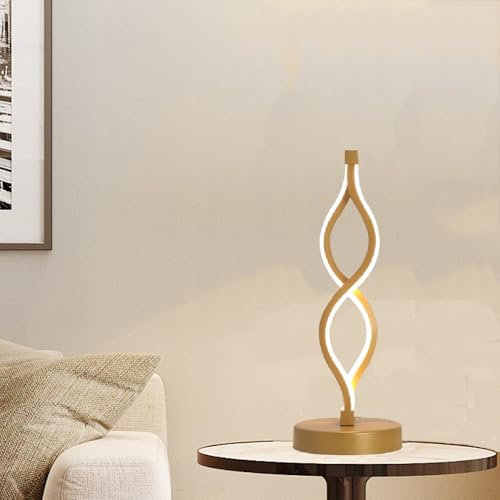 Mengjay LED Twist Wave Tischleuchte mit Acryl Lampenkörper, Metallbasis, Helligkeit Dimmbar Knopf - 6W Warmweiß Augenschutz LED Gebogene Nachttischlampen Dekorative Beleuchtung (Gold)