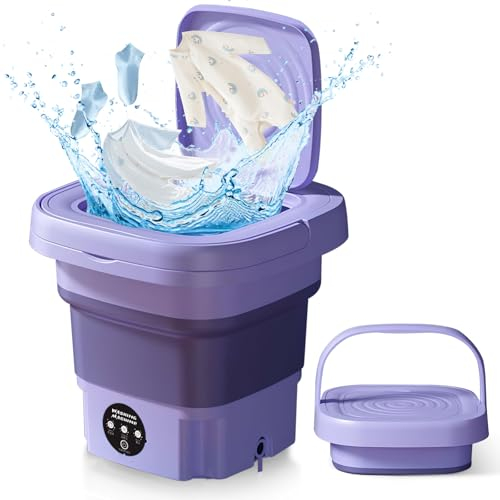 Mini Machine à Laver, 8L Machines à Laver Pliables Portables, Linge Pliable avec Panier de Vidange, Lavage et séchage en un, Laveuse pour Sous-vêtements Chaussettes, pour Camping, Voyage, RV (Violet)