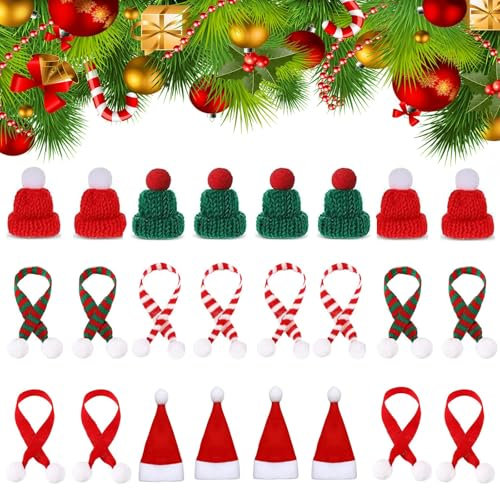 Scinzene Mini Mützen Zum Basteln, Set aus 24 Mini Weihnachtsmützen, Ideal für Sorgenwürmchen, Marshmallow-Dekorationen, DIY-Projekte, Puppenhäuser und Weihnachtsfeiern