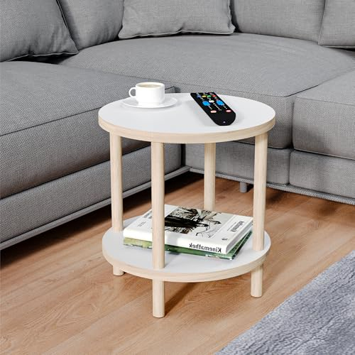 sugodesign Beistelltisch rund Holz, Ø 42,5 cm, Kleiner Couchtisch rund aus Holz, 2 Ablagen mehr Stauraum, Idealer Sofatisch für Wohnzimmer, Couchtisch in Weiß, einfacher Aufbau