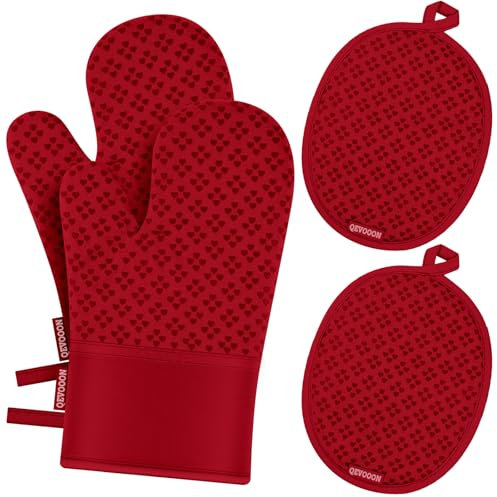 Oven Mitts and Pot Holders 4 Sets, Heat Resistant 500 ℉ Oven Mitt and Pot Holder,Oven Glove&Potholders with Non-Slip Silicone Surface,Kitchen Essentials for Cooking/Baking/BBQ-Red
