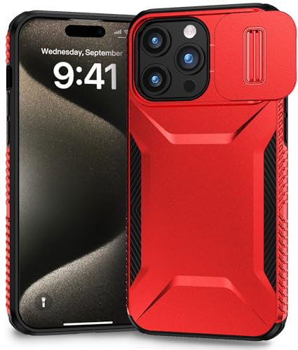 Yerebel Case for iPhone 15 Pro Max Case 6.7, Apple 15 Pro Max Case with Slide Camera Cover, Military Grade Non-Slip Heavy Duty Rugged Shockproof Protective Phone Cover for iPhone 15 Pro Max Red