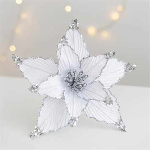 champracer 5 Stück Weihnachtsblume, Glitzer Weihnachtsblumen Weihnachtsstern, Simulation Künstliche Weihnachtsblumen, für Weihnachtsbaumschmuck Hochzeit Party Kranz Dekor (Weiß,25 cm)