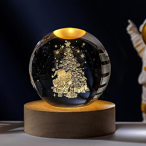 Weihnachtsdeko 3D Kristallkugel mit LED-Licht, Schneekugel Nachtlicht Weihnachten deko mit Holzsockel, USB Lasergeätzte Kugel Lampe, Weihnachts Glaskugel Deko für Zuhause Geschenk (B x 6 cm)