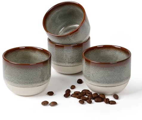 NOVAJOY | Espressotassen Set | 4-teilig | 140 ml | Mini-Espressotasse - Handgefertigt dickwandigem | Hochwertige Tassen aus Steingut | Ohne Henkel | Kaffeetassen | Mokka | Geschenk in modernem Design