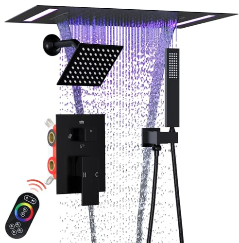 ENGA Dual Rain Shower Head System, 2 in 1 Functions Ceiling Mount 14x20 Inch LED Shower Head with 6 Shower Head, Rainfall Waterfall Shower Faucet Set, Matte Black