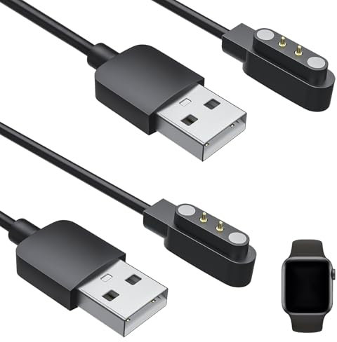 Smart Watch Charger, Smart Watch 2 pin 4mm Charging Cable Magnetic Compatible with YAMAY SW022, Ticwatch GTX, Haylou RT LS05S, AGPTEK LW11, USB Charger Secure Connection, Quick Charge, Black (2pcs)