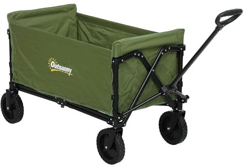 Outsunny 120L Festival Trolley on Wheels, Folding & Compact Camping Trolley Cart with Adjustable Handle for Garden, Beach, Fishing, Green