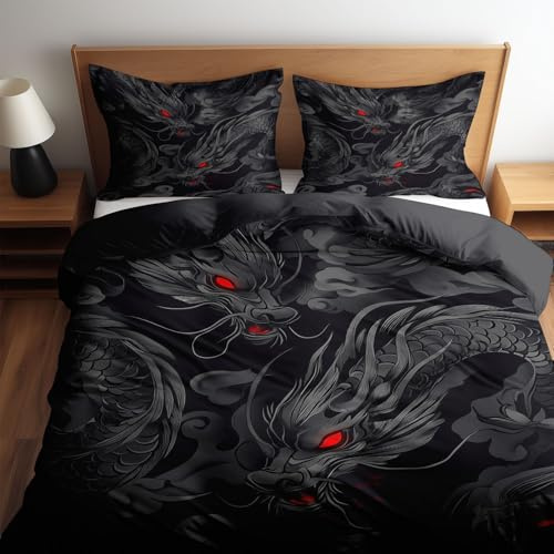 CozyRest Schwarz Bettwäsche Set Mikrofaser, Superweich & Atmungsaktiv, Schwarzer Drache mit roten Augen Bettbezug für Teenagerbett, Pflegeleicht, für Allergiker, Ganzjahres geeignet, 135 x 200 cm
