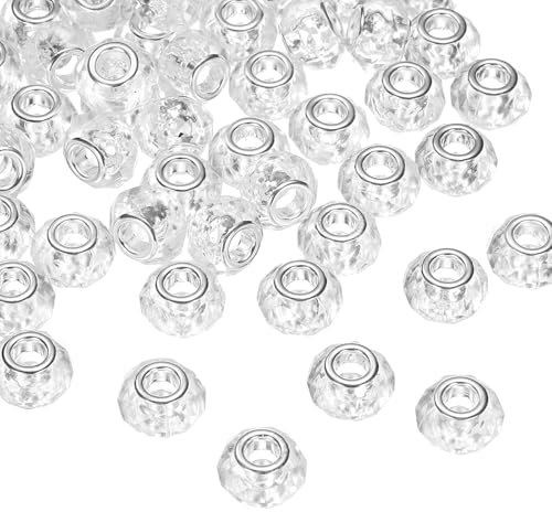 sourcing map 100Pcs 14mm Large Hole Glass Beads Clear European Loose Round Faceted Rhinestone Craft Bead for DIY Bracelet Necklace Jewelry Making
