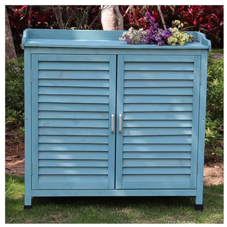 Gartenschrank aus Holz für den Außenbereich, wasserdichtes und sonnenfestes Schuhregal für Garten, Balkon, Gang, geräumig, langlebig, Werkzeugnizer, Blau (Farbe: Blau)