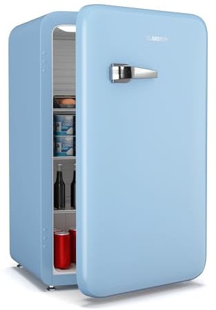 Klarstein Audrey Evo 112L Mininevera Retro - Frigorífico Pequeño Silencioso 40 dB, Termostato Mecánico, Puerta Reversible, Estantes Ajustables, Nevera Pequeña para Dormitorios y Oficinas, Azul