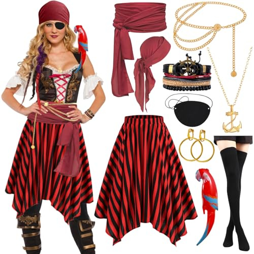 LEACCO Piratenkostüm Damen Zubehör Set Rock Pirate Accessories Augenklappe Rotes Piratentuch Kopftuch Schmuck Armband Ohrringe Kette Socke Piraten Piratin kostüm Frauen Mädchen Karneval Fasching