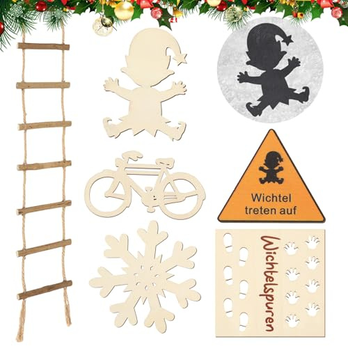 UPINS Wichtel Schablone Set, Wichtelschablone, Wichtel Fußabdrücke Schablone, Wichtel Fußabdrücke, Weihnachtsdekoration, 6-teiliges Deko-Set mit Schneeflocke und Strickleiter