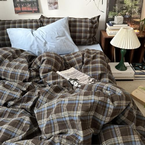 Sedefen Bettwäsche 135x200 Blau Braun Kariert Gitter Wendebettwäsche | ÖKO-TEX Zertifiziert,Aesthetic Bettwäsche für Allergiker,4 Jahreszeiten Set,Bettbezug 1 Kissenbezüge 80x80 mit Reißverschluss